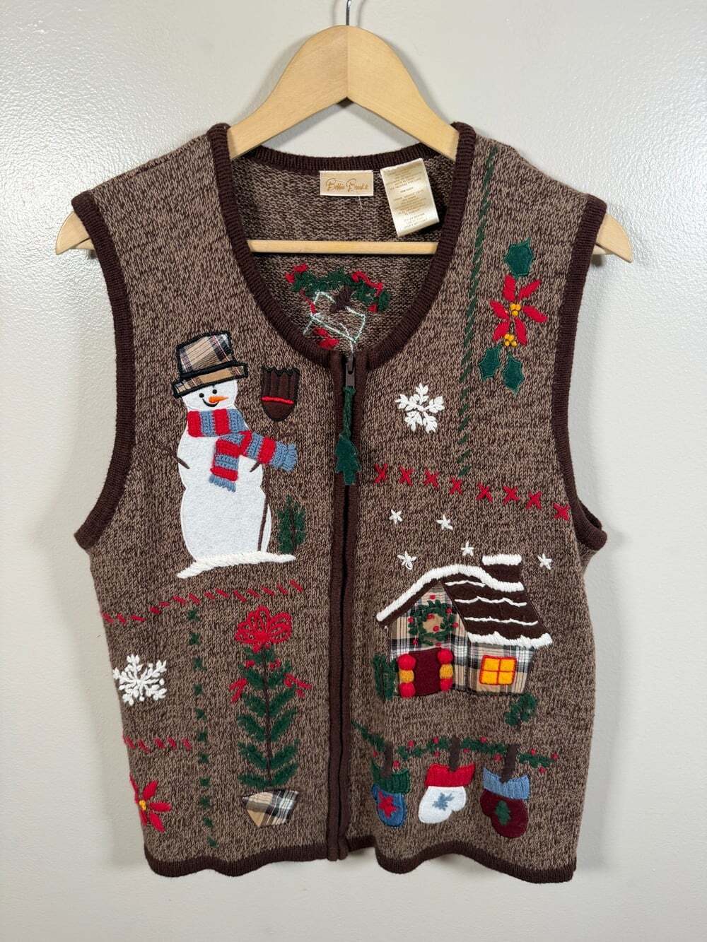 Vintage Bobbie Brooks Ugly Christmas Sweater Vest Size Large Brown Holiday